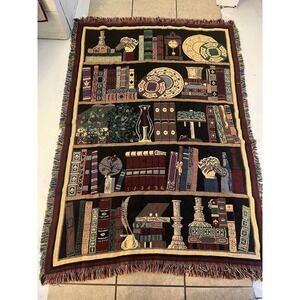 Vintage Goodwin Weavers Tapestry Throw Blanket Library Books 66x48 Fringe Cotton